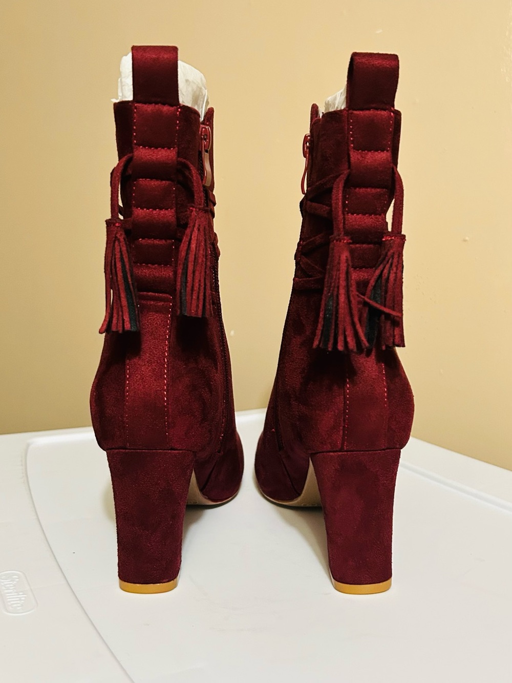 Journee Collection Burgundy Suede Ankle Heeled Boots - Picture 2 of 3